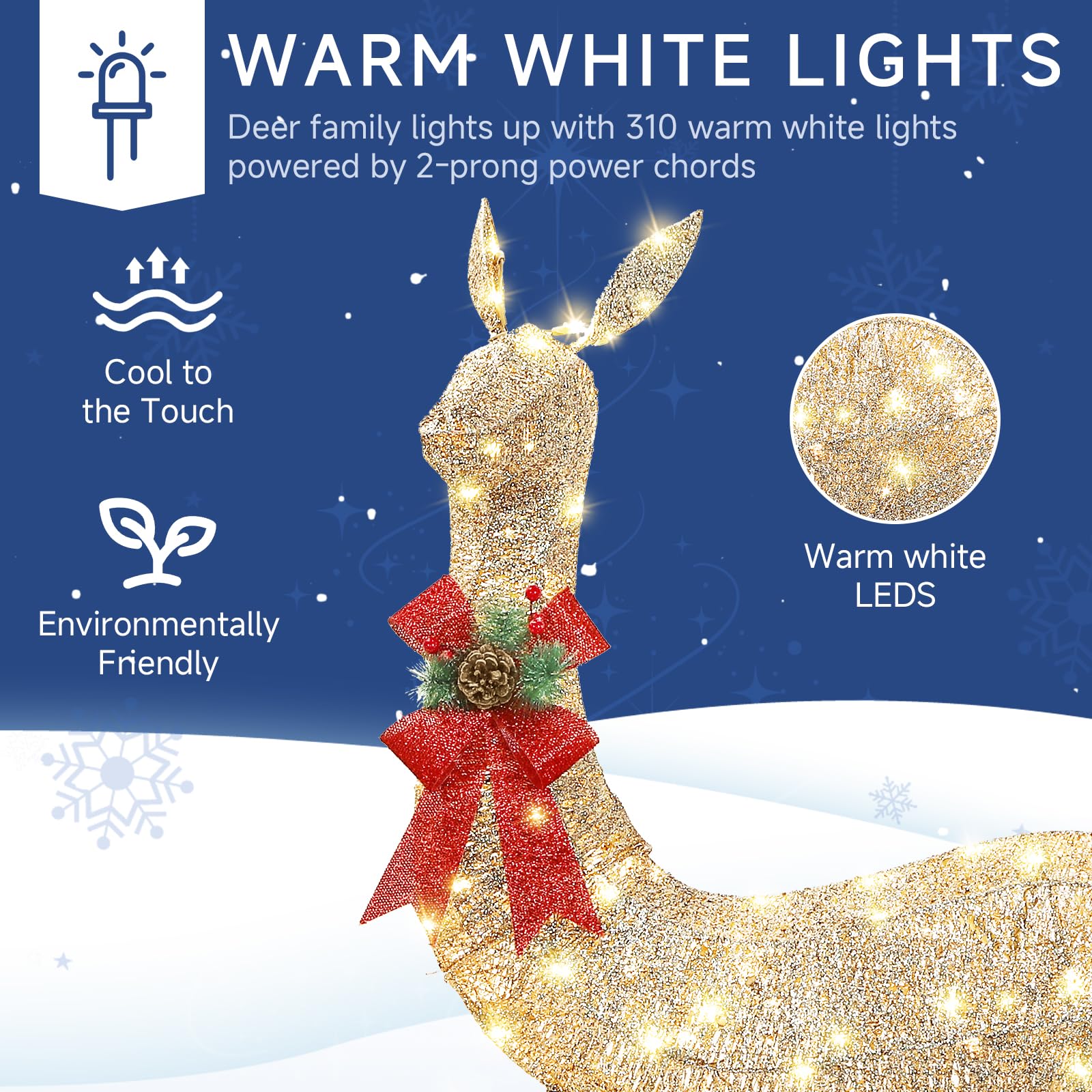 3-Piece Champagne Gold Large Pre-Lit Christmas Deer Family Set Outdoor Yard Decorations - SHareconn
