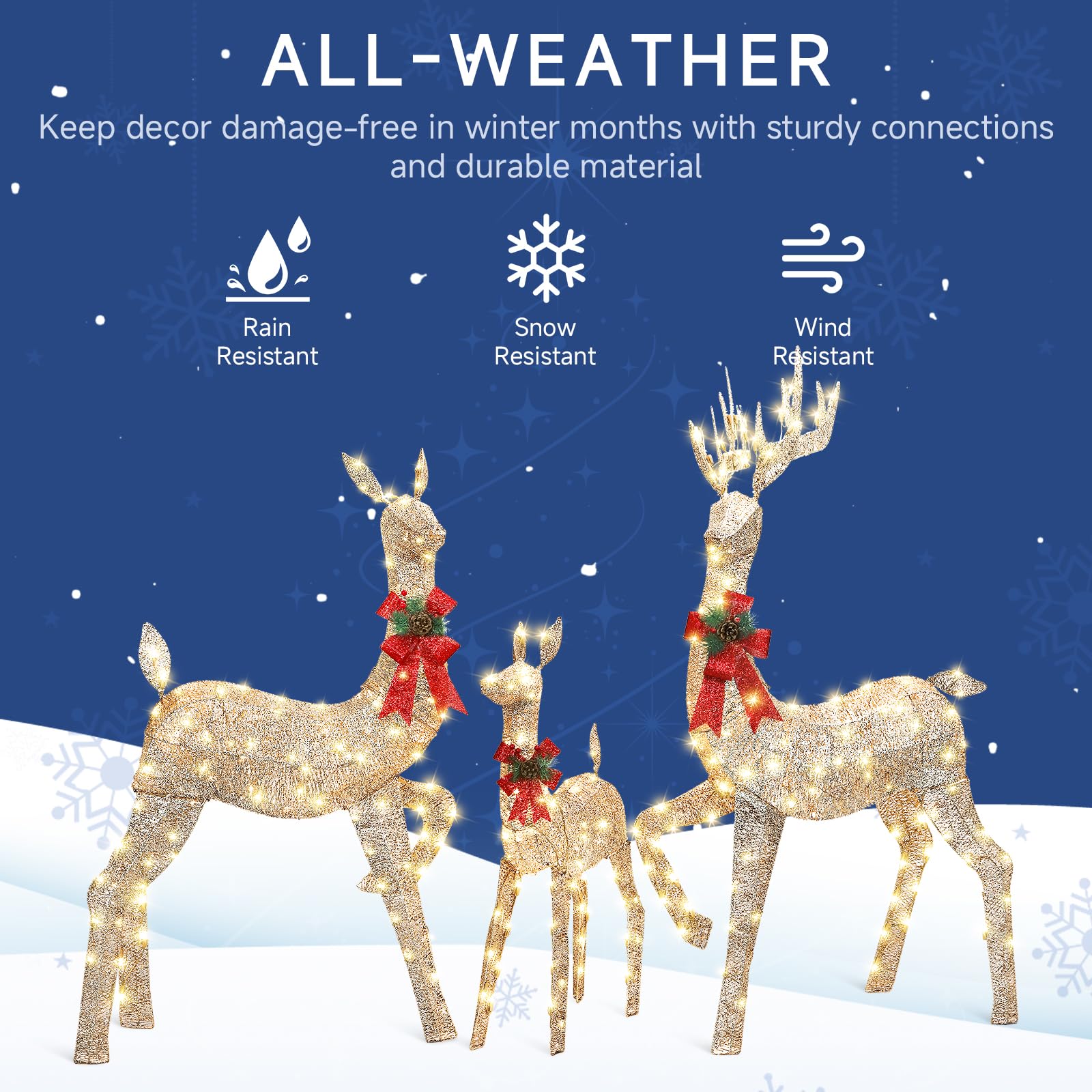 3-Piece Champagne Gold Large Pre-Lit Christmas Deer Family Set Outdoor Yard Decorations - SHareconn