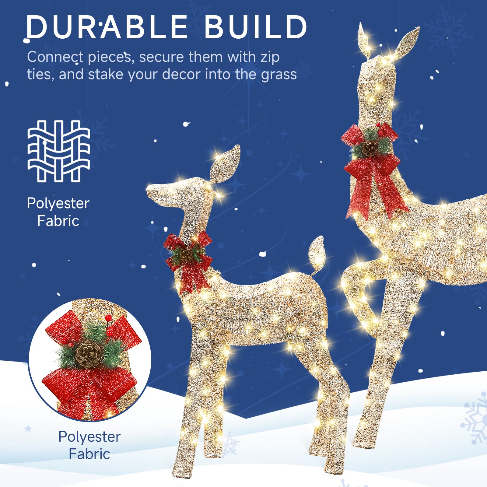 3-Piece Champagne Gold Large Pre-Lit Christmas Deer Family Set Outdoor Yard Decorations - SHareconn