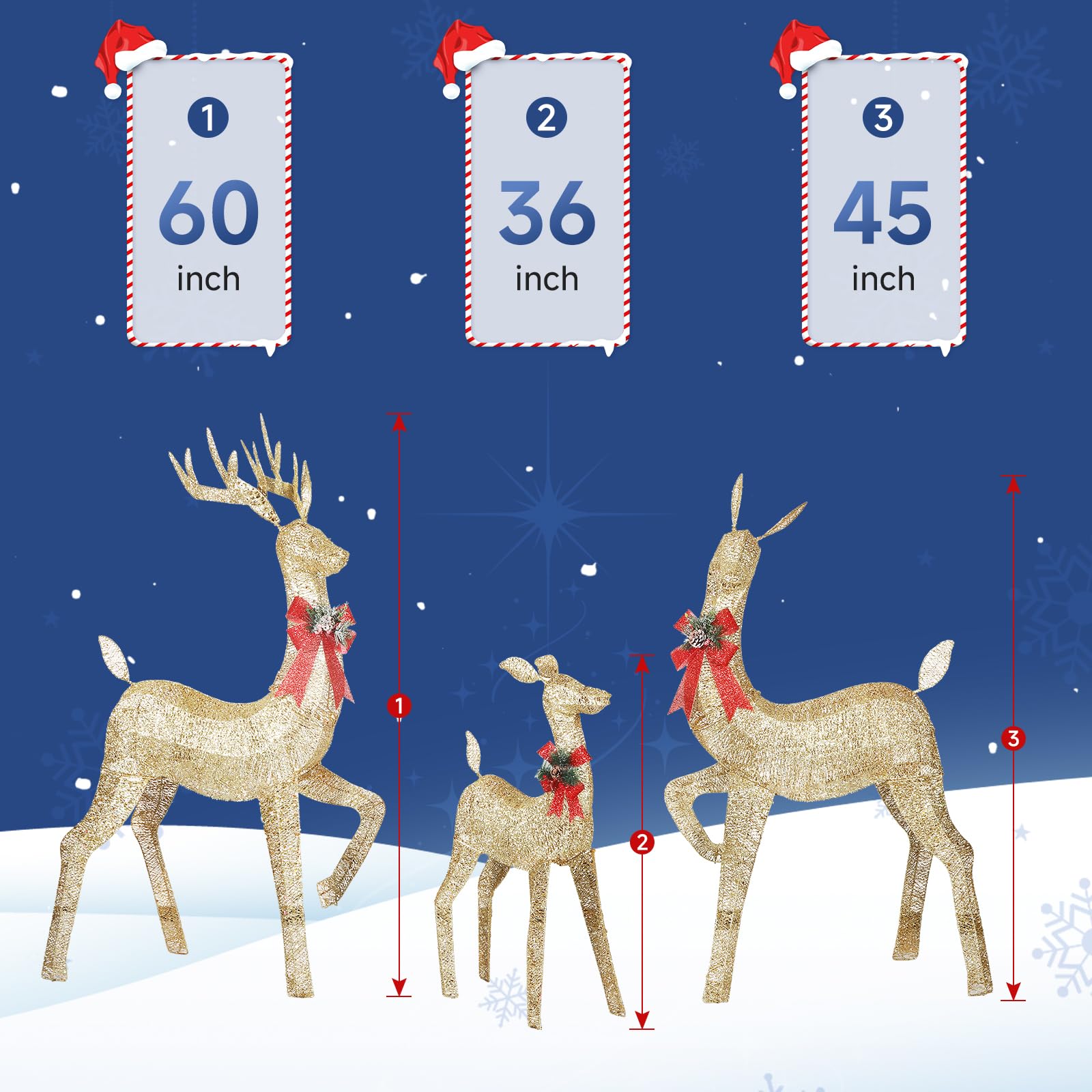 3-Piece Champagne Gold Large Pre-Lit Christmas Deer Family Set Outdoor Yard Decorations - SHareconn