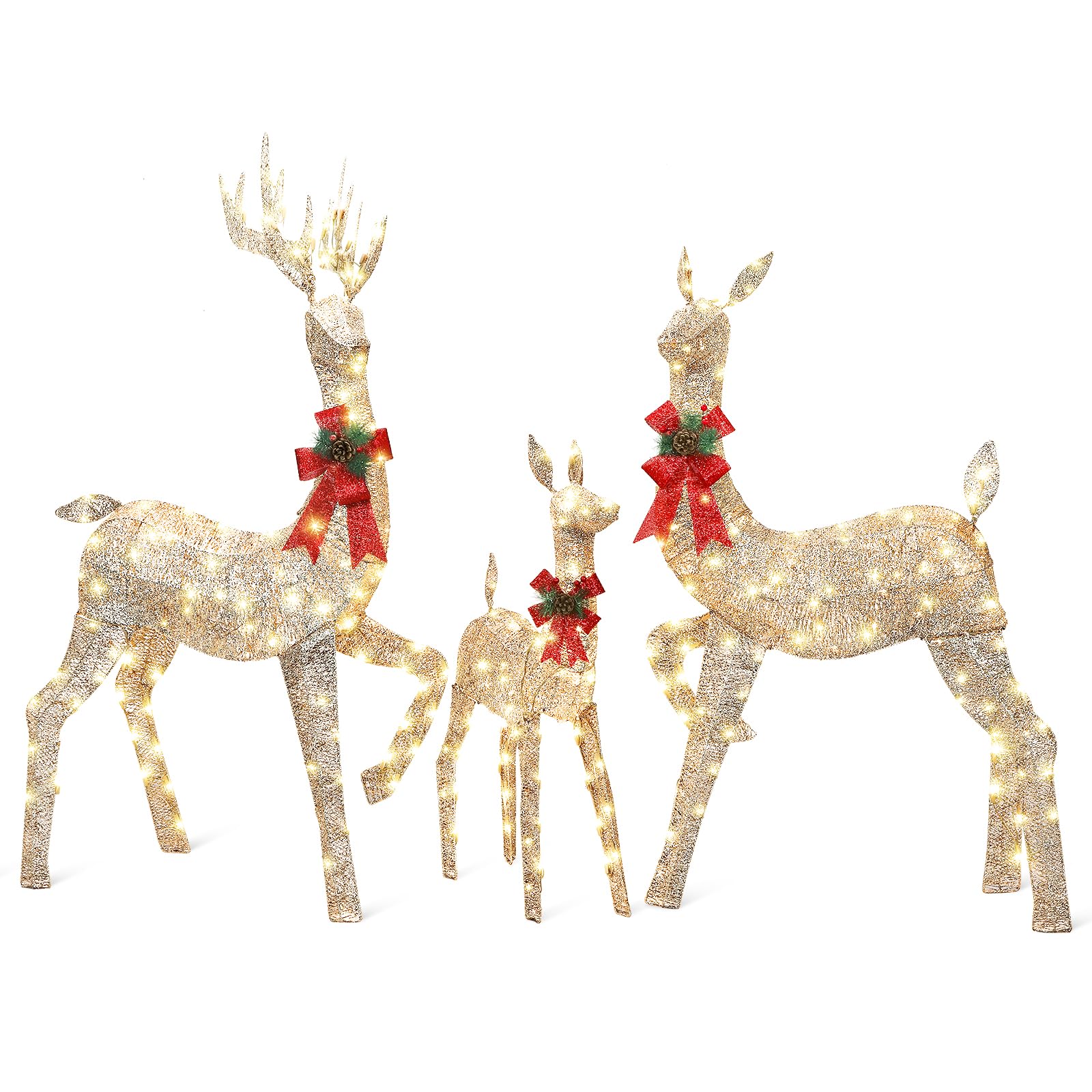 3-Piece Champagne Gold Large Pre-Lit Christmas Deer Family Set Outdoor Yard Decorations - SHareconn