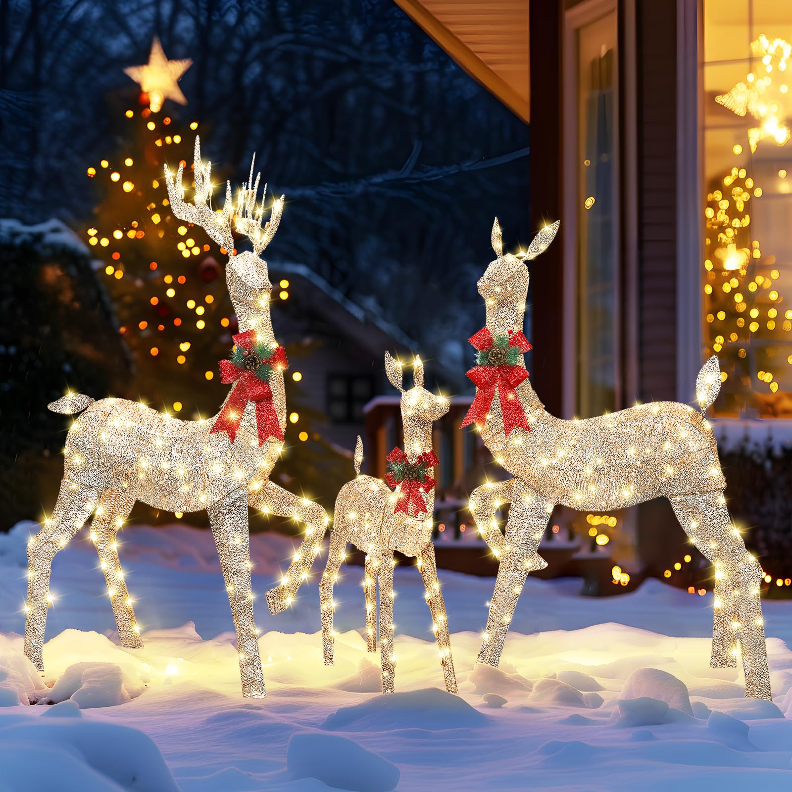 3-Piece Champagne Gold Large Pre-Lit Christmas Deer Family Set Outdoor Yard Decorations - SHareconn